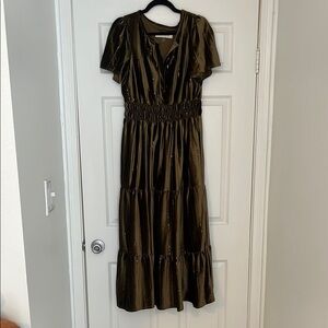 Green Short Sleeve Midi Velvet Dress